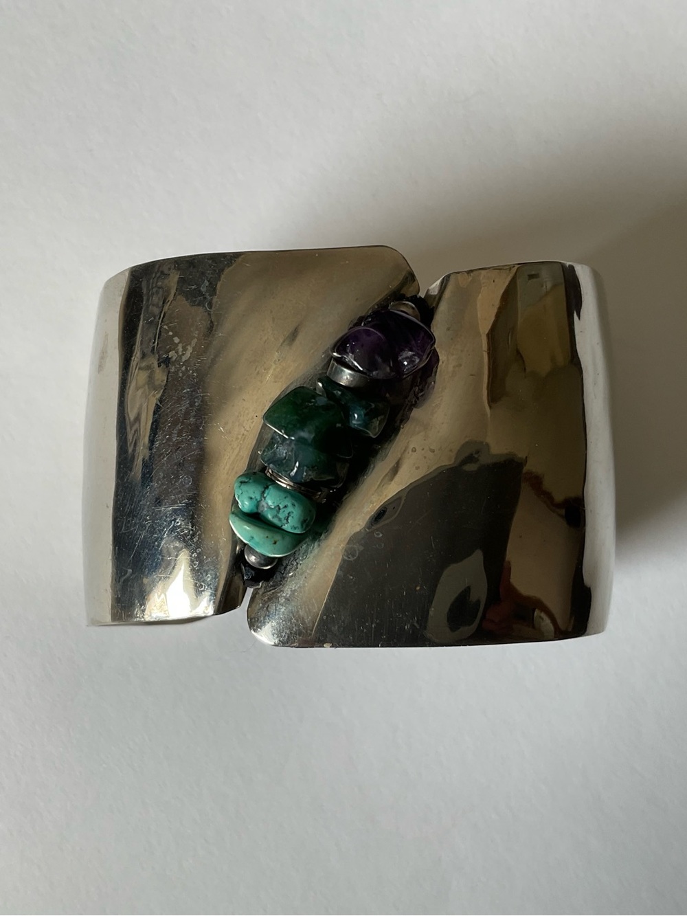 Vintage Southwest Sterling Wide Cuff Mixed Gemstone Hand Engraved Signed
